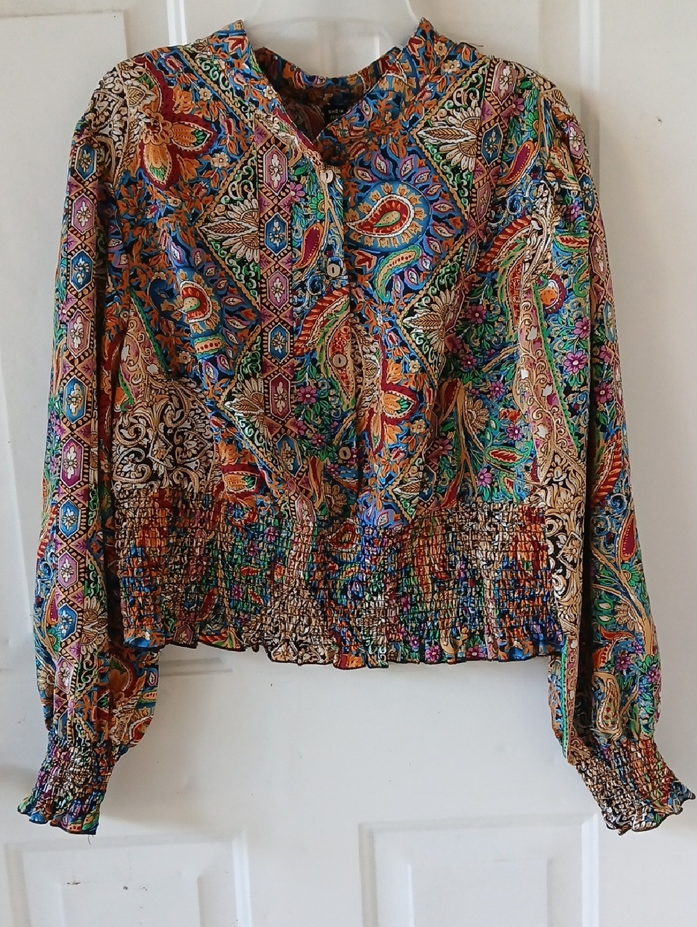 SHEIN Multicolor Paisley Smocked-Hem Blouse
